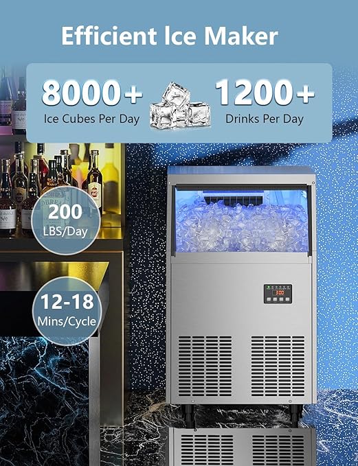 Coolski Commercial Ice Maker Machine, 200LBS/24H Under Counter Ice Maker with 35LBS Ice Storage,Stainless Steel Freestanding Ice Maker for Restaurant, Home, Bar, Office, Party, Outdoor Activities