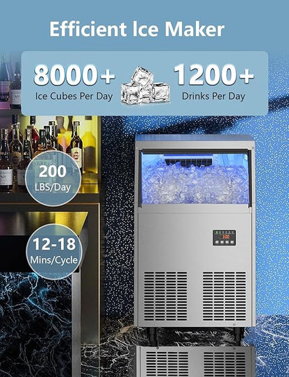 Coolski Commercial Ice Maker Machine, 200LBS/24H Under Counter Ice Maker with 35LBS Ice Storage,Stainless Steel Freestanding Ice Maker for Restaurant, Home, Bar, Office, Party, Outdoor Activities