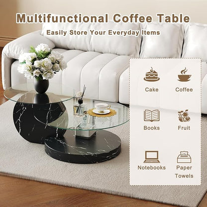 42 Inch Glass Coffee Table，Round Coffee Table with 2-Tier Tempered Glass Tabletop，Easy to Clean Circle Coffee Table with Sturdy Base for Living Room，Office (Black Marble Colored Base