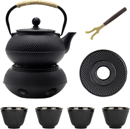 YJX Cast Iron Teapot Set with Cast Iron Warmer, Japanese Tetsubin Tea Kettle Set with Cups,Cast Iron Teapot with Stainless Steel Infuser and Enameled Interior(600ml Teapot Set Combination 1), Black