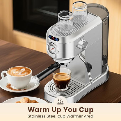 Espresso Machine 20 Bar, Compact Espresso Maker, Stainless Steel Expresso Coffee Machines with Steam Milk Frother & 34oz Removable Water Tank for Home Latte, Cappuccino, Silver