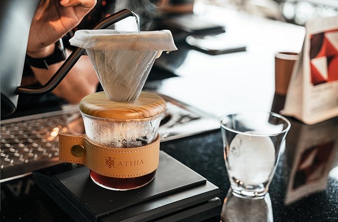 ATHIA glass pour over coffee maker set, minimalist drip coffee maker with reusable cloth filter, glass coffee dripper, olive lid & leather sleeve for single cup manual brewing (Olive Wood)