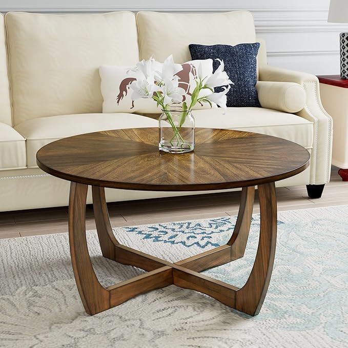 Round Coffee Table for Living Room, Soild Wood Walunt Center Coffee Tables with Cross Legs,33.5” Mid-Century Circular Cocktail Tables, Easy Assembly, Rustic Brown KFZ3223