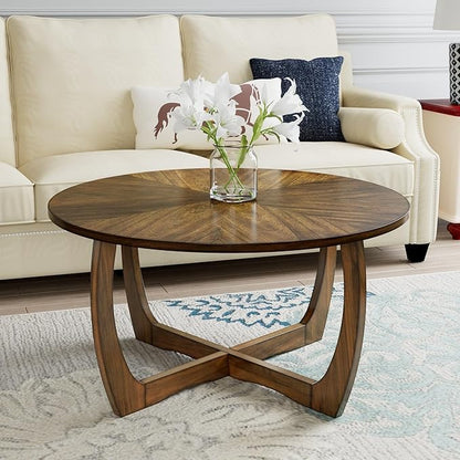 Round Coffee Table for Living Room, Soild Wood Walunt Center Coffee Tables with Cross Legs,33.5” Mid-Century Circular Cocktail Tables, Easy Assembly, Rustic Brown KFZ3223