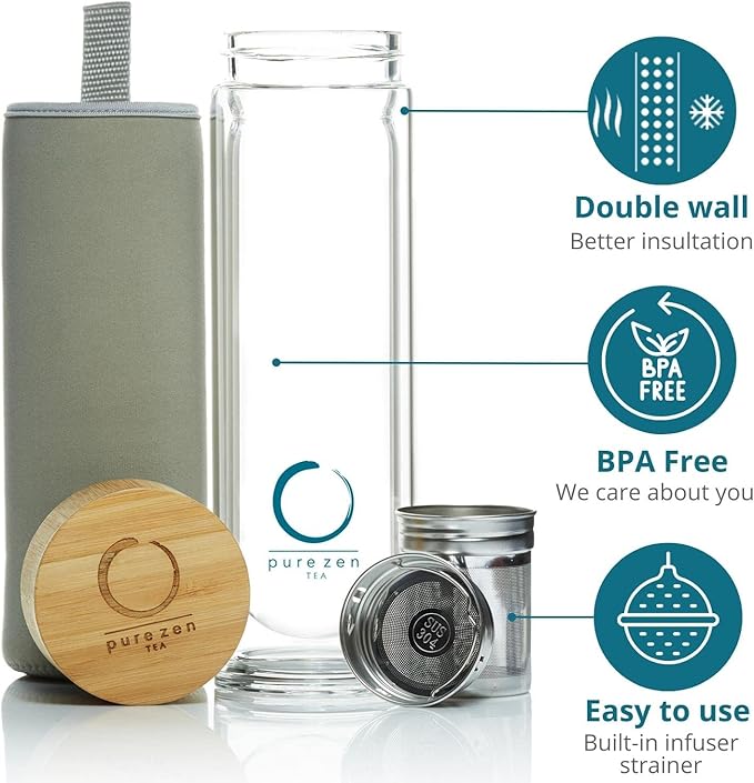 Pure Zen Tea Infuser Bottle - Insulated Glass Bottle for Loose Leaf Infusions - Tea Tumbler with Infuser - Portable Travel Mug for Infused Water - Thermos with Diffuser on the Go - 15 oz