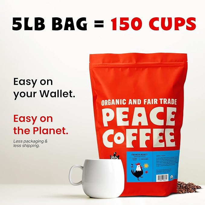 Peace Coffee French Roast | 5 lb Ground Dark Roast | Organic Fair Trade | Soft, Gentle Flavor | Shade Grown, Fresh Roasted