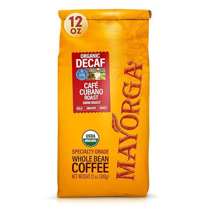Mayorga Decaf Dark Roast 12oz Bag Cafe Swiss Water Decaffeinated Cubano Roast 100% Arabica Whole Coffee Beans - Smoothest Organic Coffee - Specialty Grade, Non-GMO, Direct Trade