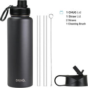 DRINCO Stainless Steel Water Bottle Spout Lid Vacuum Insulated Double Wall Water Bottles Wide Mouth (40oz 32oz 22oz 18oz 14oz) Leak Proof Keeps Cold or Hot (40 oz, 40oz Black)
