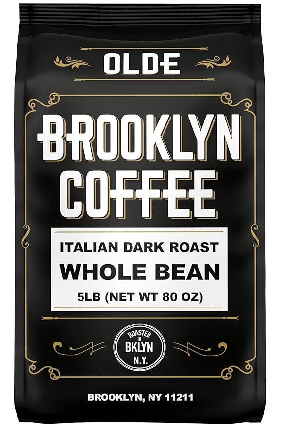 BROOKLYN COFFEE Whole Bean, Italian Dark Roast (5lb) Extra Strong, Delicious Taste, Heavenly Aroma - Fresh Bulk Coffee Beans Roasted Weekly in NYC