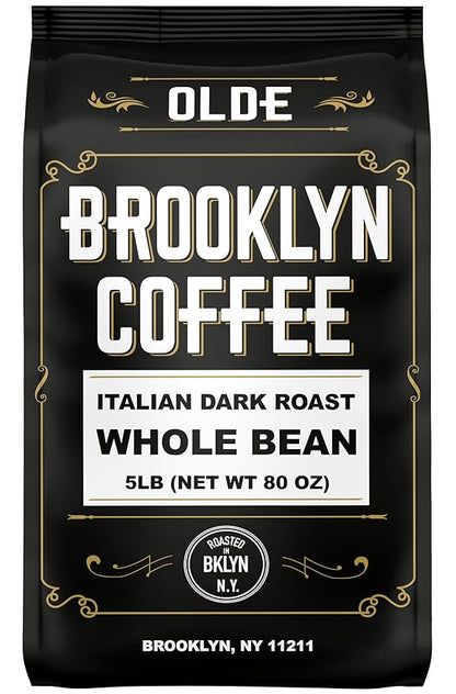 BROOKLYN COFFEE Whole Bean, Italian Dark Roast (5lb) Extra Strong, Delicious Taste, Heavenly Aroma - Fresh Bulk Coffee Beans Roasted Weekly in NYC