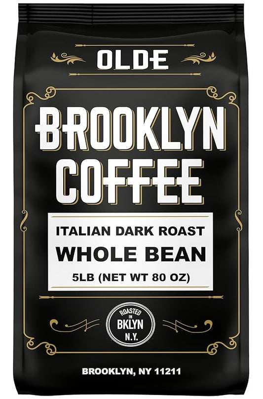 BROOKLYN COFFEE Whole Bean, Italian Dark Roast (5lb) Extra Strong, Delicious Taste, Heavenly Aroma - Fresh Bulk Coffee Beans Roasted Weekly in NYC