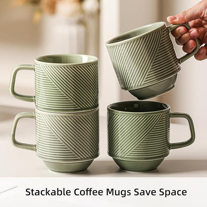 Stackable Coffee Mugs Set: 13 oz Ceramic Stacking Cups for Cappuccino Latte Tea - Microwave Safe Mug for Home & Office - 4 PCS, Pea Green