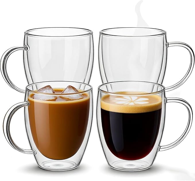 Set of 4 Double Walled Glass Coffee Mugs with Handles, 12oz Clear Coffee Mugs for Hot/Cold Beverages, Insulated Borosilicate Glass Cups for Cappuccino, Espresso, Latte, Tea, Milk, Microwave Safe