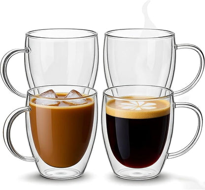 Set of 4 Double Walled Glass Coffee Mugs with Handles, 12oz Clear Coffee Mugs for Hot/Cold Beverages, Insulated Borosilicate Glass Cups for Cappuccino, Espresso, Latte, Tea, Milk, Microwave Safe