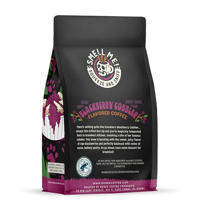 Bones Coffee Company Blackberry Cobbler Flavored Coffee Beans, Medium Roast Ground Coffee Low Acid, Blackberry Cobbler Flavor (12 oz)
