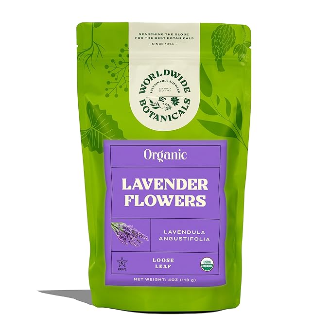 Worldwide Botanicals Organic Lavender Flowers, 4 ounces, Pure European Lavender buds, Perfect for Aromatherapy, Sachets, Wedding celebrations, Tea flavoring, Eye pillows Scenting The Home
