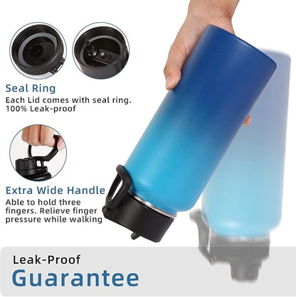 Volhoply 32 oz Water Bottle with Straw Lid & Spout Lid,Insulated Sports Water Bottle,Double Wall Vacuum Stainless Steel Cups,Leakproof Wide Mouth Metal Flask,Keeps Cold or Hot(Green Blue,1)