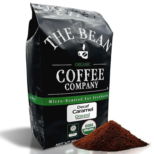 The Bean Organic Coffee Company Water Processed DECAF Caramel, Medium Roast, Ground Coffee, 5-Pound Bag, Café Molido Tostado Orgánico descafeinado