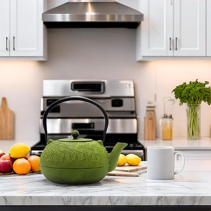 YJX 60.9oz Large Cast Iron Teapot, Big Tea Kettle for Stovetop Safe, Green Cast Iron Kettle Teapot with Stainless Steel Infuser for Loose Tea and Tea Bags(1800ml)