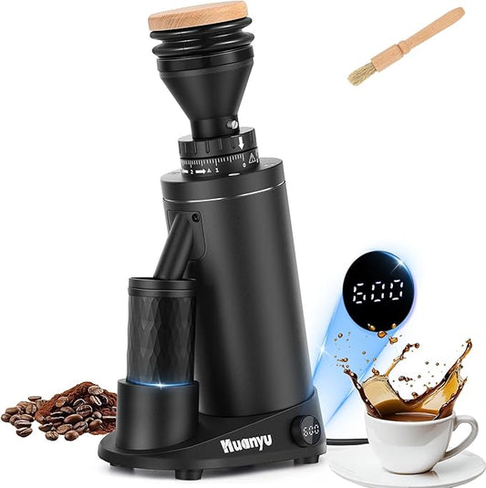 Huanyu Professional Coffee Grinder Adjustable RPM, Time-Based Dosing, Stainless Steel Flat Burr with 8 Stepless Grinding Settings