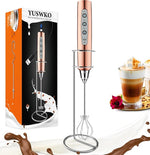 Load image into Gallery viewer, YUSWKO Rose Gold Handheld Milk Frother Wand with Stand for Coffee, Rechargeable Electric Whisk with 3 Heads 3 Speeds Drink Mixer Coffee Frother For Latte, Cappuccino, Hot Chocolate, Egg