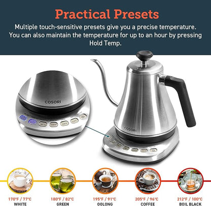 COSORI Gooseneck Electric Kettle with 5 Variable Presets, Pour Over & Coffee maker, 100% Stainless Steel Inner Lid & Bottom, 1200 Watt Quick Heating, 0.8L, Silver