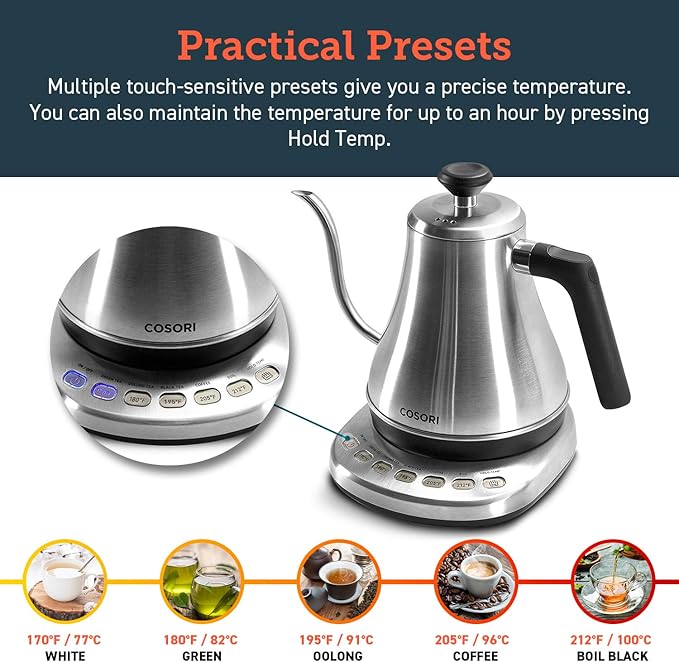 COSORI Gooseneck Electric Kettle with 5 Variable Presets, Pour Over & Coffee maker, 100% Stainless Steel Inner Lid & Bottom, 1200 Watt Quick Heating, 0.8L, Silver