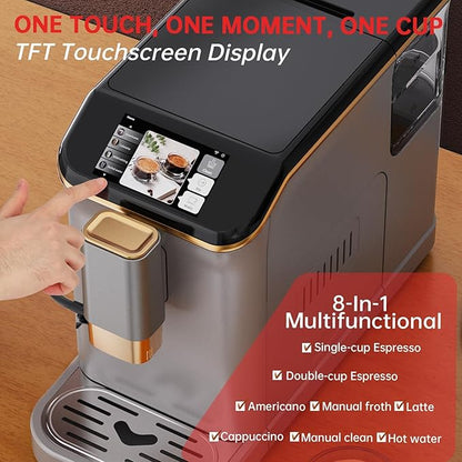 Automatic Espresso Machine with Coffee Grinder and Milk Frother, 20 Bars Pressure, 15 Grind Settings, Space Saving, Energy Efficient, Thermoblock Heating, Fast Brew for Home Kitchen