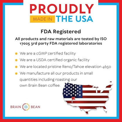 Brain Bean Zen-Blend Organic Coffee Whole Bean with Caprylic Acid MCT (C-8), A-GPC, L-Theanine & Ashwagandha Extract - Premium Grade Organic Coffee Beans for Focus & Calm Support (16 Oz)