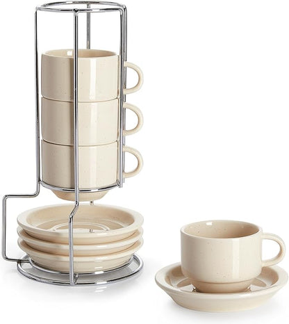Sweese Porcelain Espresso Cups Set, 2.5 oz, Stackable with Saucers Metal Stand, Beige, 4 Pack