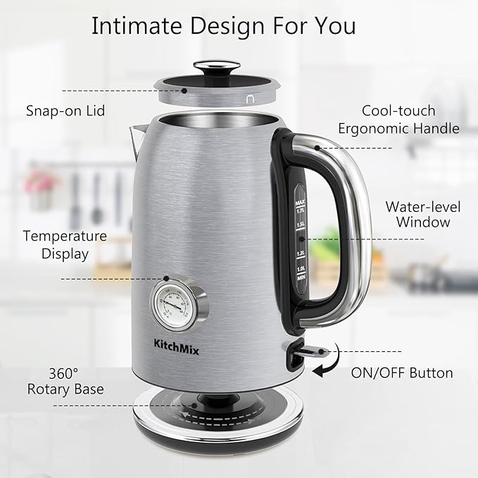 Electric Tea Kettles1500W, 1.7L Stainless Steel Tea Kettle with Thermometer, Auto Shut-Off & Boil-Dry, Cool Touch Handle, BPA Free (Stainless steel)
