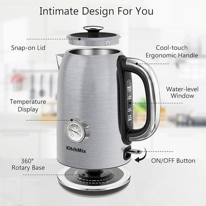Electric Tea Kettles1500W, 1.7L Stainless Steel Tea Kettle with Thermometer, Auto Shut-Off & Boil-Dry, Cool Touch Handle, BPA Free (Stainless steel)