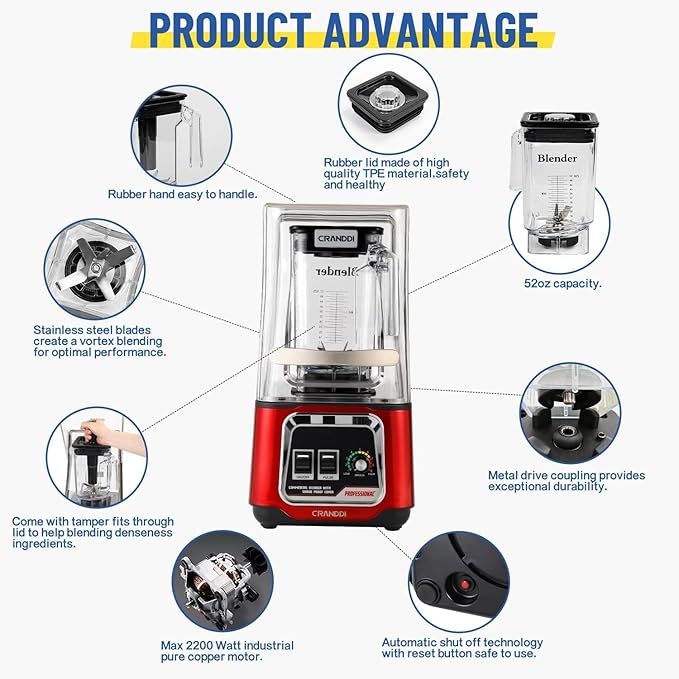 CRANDDI Commercial Blender, 2200W Countertop Blenders with Removable Shield, Quiet Smoothie Blender for Shakes and Ice Crushing, 52oz, 38000 RPM Professional Blenders for Kitchen, K80 (Red)
