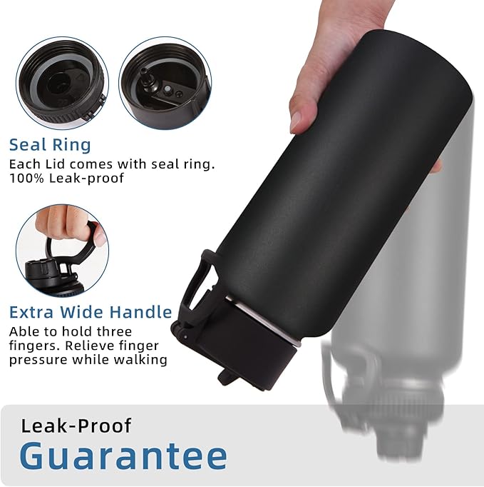 Volhoply 32oz Insulated Water Bottles Bulk 8 Pack with Straw Lid & Spout Lid,Stainless Steel Sports Water Bottle,Double Wall Vacuum Cups,Leakproof Wide Mouth Metal Flask for Hiking,Camping(Black,8)