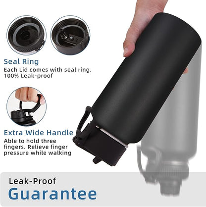 Volhoply 32oz Insulated Water Bottles Bulk 2 Pack with Straw Lid & Spout Lid,Stainless Steel Sports Water Bottle,Double Wall Vacuum Cups,Leakproof Wide Mouth Metal Flask for Hiking,Camping(Black,2)