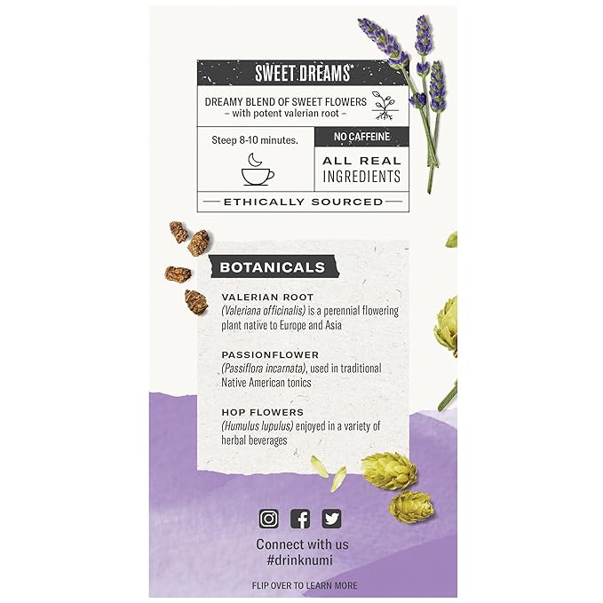 Numi Organic Tea Sweet Slumber, Valerian Root, Chamomile & Lavender Sleep Tea, 16 Tea Bags (Pack of 3), Packaging May Vary