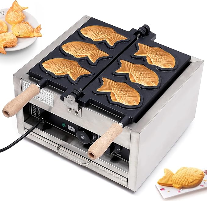 1.5kw Fish Waffle Maker, Stainless Steel Non-Stick Electric Cake W-affle M-aker with Double-Sided Heating Plate, Waffle Maker with 3 Fish-Shaped Mold Slots, 122~572℉, Anti-Scald Handles, Timer（0-5min）