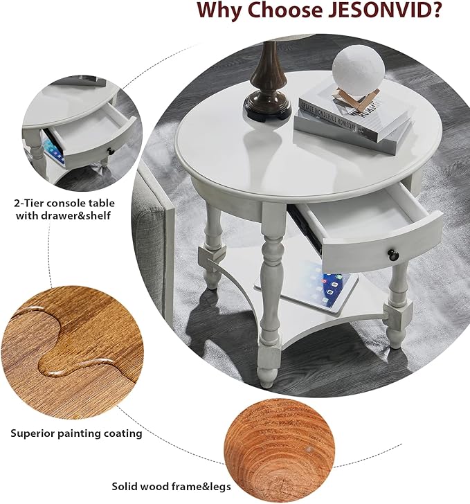 Solid Wood Oval End Table with Drawer and Storage Shelf, 28" Traditional Retro Side Table Polished Edging Sofa Table Bedside Nightstand for Living Room Bedroom Home, Antique White