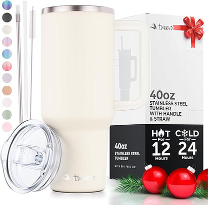 40 oz Tumbler With Handle and Straw Made of Stainless Steel - Double Wall Vacuum Insulated Tumbler With Lid - Sweat Proof Easy Grip, BPA-Free, Dishwasher Safe Tumbler (Cream)