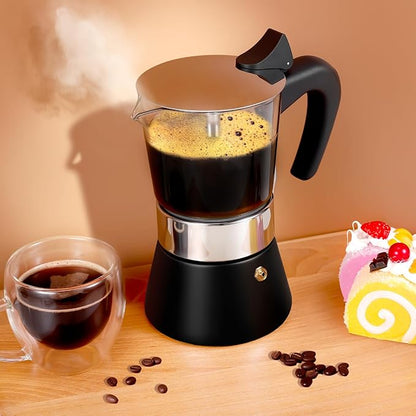 Induction Moka Pot, 6 Cups (10.6 oz) Crystal Glass-Top & Stainless Steel Moka Pot, Classic Stovetop Espresso Maker, Black