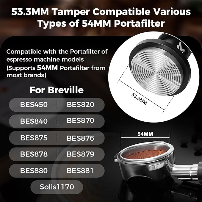 IKAPE 53.3MM V6 Impact Espresso Tamper with Sound Feedback, 15lb/30lb Interchangeable Springs, Espresso Low-Profile Tamper with Triple-spring System, Fits 54mm portafilters