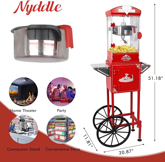 Popcorn Machine with Cart, Wheels & 10 Oz Kettle Popcorn Maker, Movie Theater Popcorn Maker Machine, Home Theater Popcorn Popper Measuring 3 Plastic Spoons