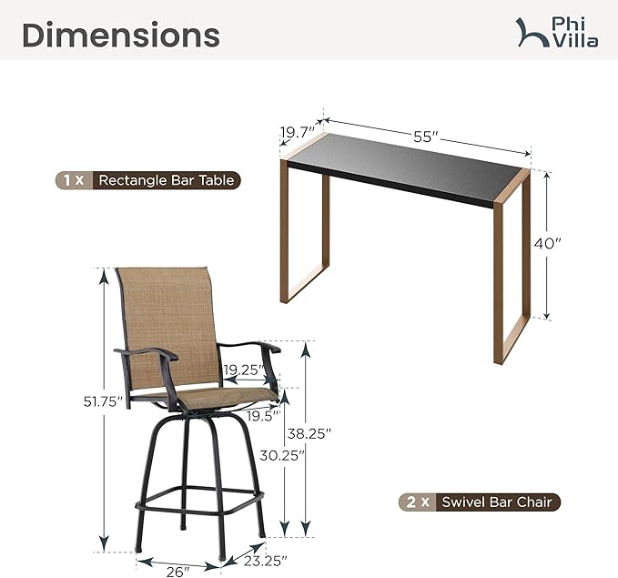 PHI VILLA 3 Piece Outdoor Bar Set, High Top Patio Table and Chairs with Brown Textilene Fabric & Rustproof Metal Frame for Backyard, Balcony, Garden & Poolside