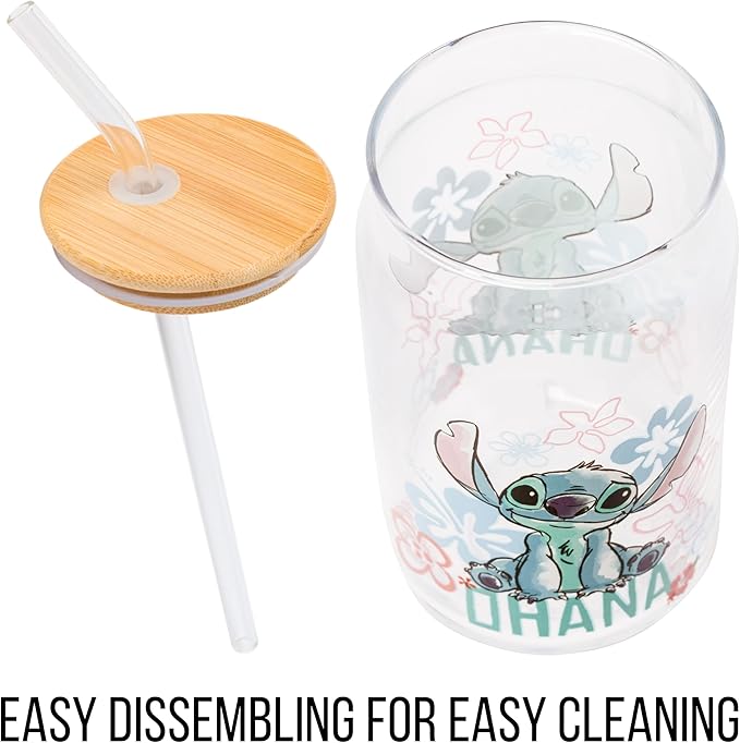 Silver Buffalo Disney Lilo and Stitch Ohana Floral Glass Jar Tumbler with Bamboo Lid and Glass Straw, 16 Ounces