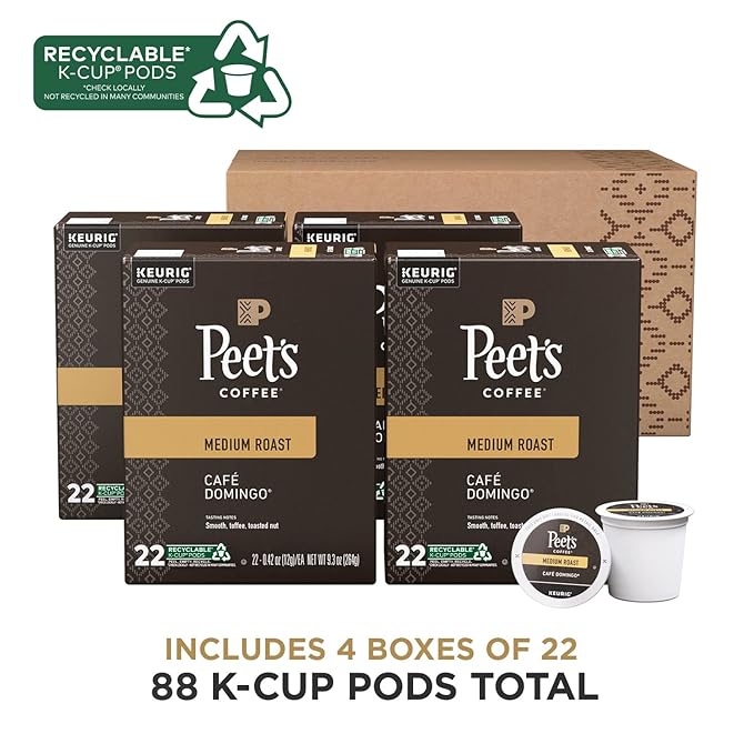 Peet's Coffee, Medium Roast Keurig K-Cup Pods - Café Domingo 88 Count (4 Boxes of 22 K-Cup Pods)
