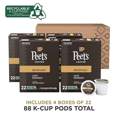 Peet's Coffee, Medium Roast Keurig K-Cup Pods - Café Domingo 88 Count (4 Boxes of 22 K-Cup Pods)