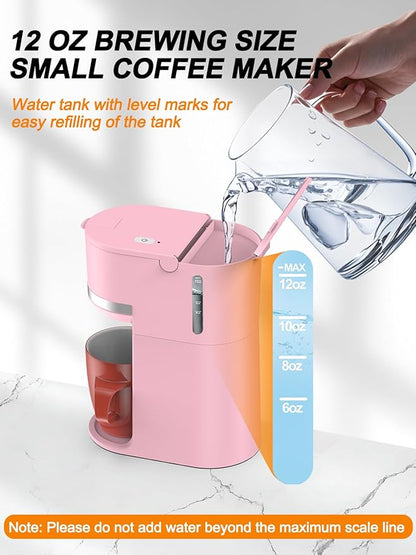 Single Serve Coffee Maker for K-Cup and Ground Coffee, Fast Brew, 6-12 oz Brew Sizes One Cup Coffee Machine Fits 5.5" Mugs, One-Button Small Coffee Maker with Descaling Reminder,Pink