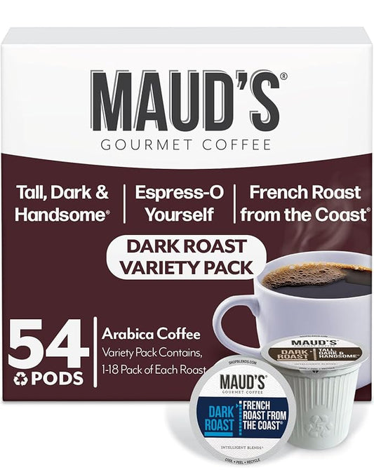 Maud's Dark Roast, French Roast & Espresso Coffee Pods Bundle, 54 ct, Recyclable Single Serve Pods – 100% Arabica Coffee, Compatible with Keurig K Cups Maker