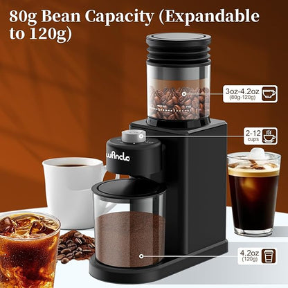 Wancle Conical Burr Coffee Grinder Electric, Coffee Bean Grinder, 25 Grind Settings-Adjustable for Espresso French Press Drip, 2-12 Cup Capacity, Low Noise, 80g Bean Capacity (Expandable to 120g)