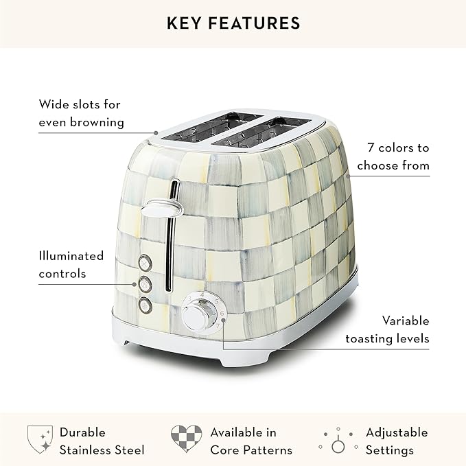 MACKENZIE-CHILDS 2-Slice Toaster, Decorative Toaster for Kitchen, Gray-and-White Sterling Check